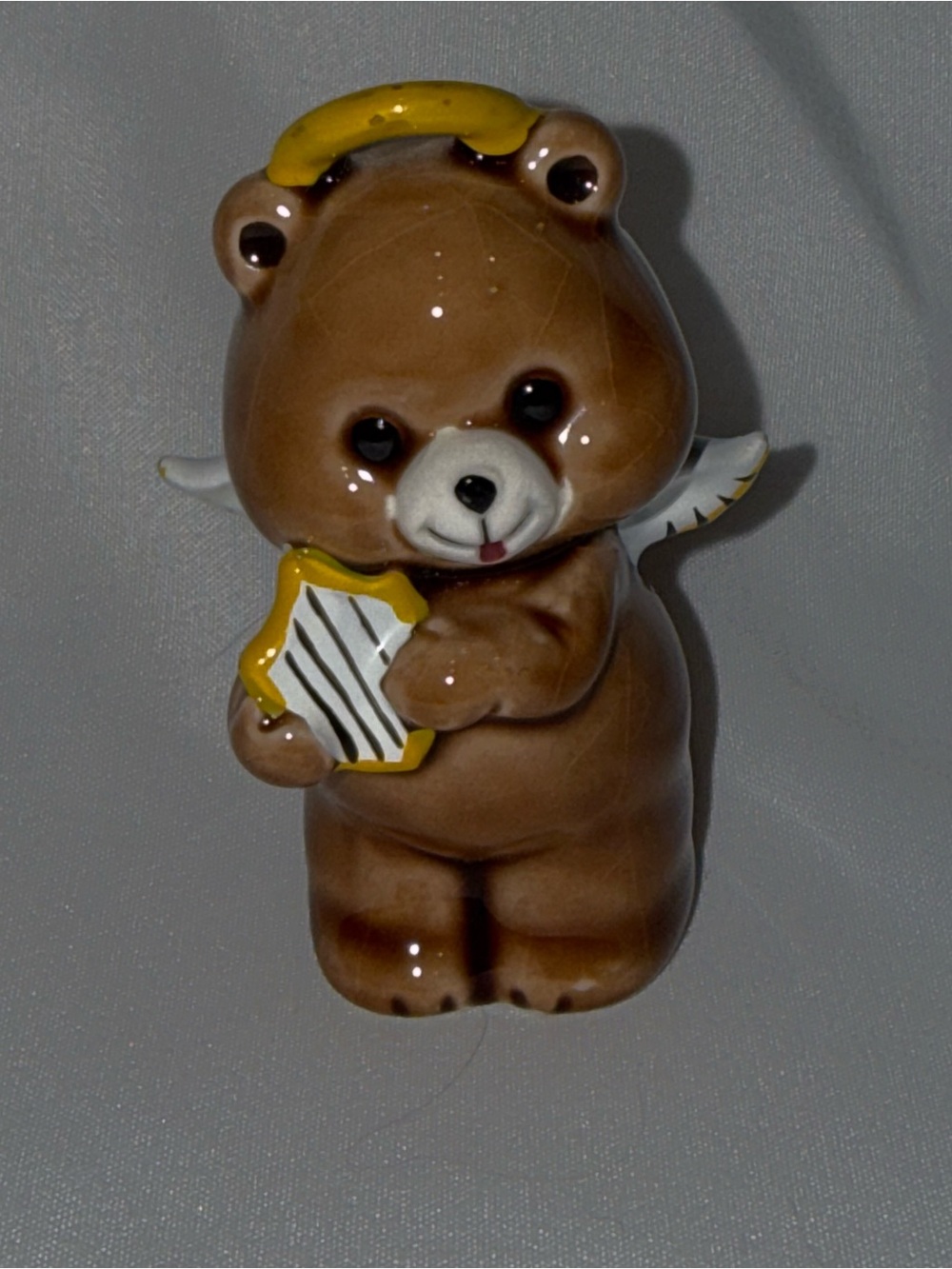 Ceramic Hallmark Minis 1988 Angel Bear Figurine with Harp - Brown & Yellow